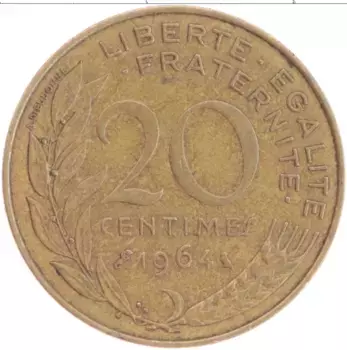 Монета 20 сантим Франции 1964 года Бронза