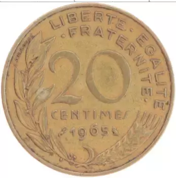 Монета 20 сантим Франции 1965 года Бронза
