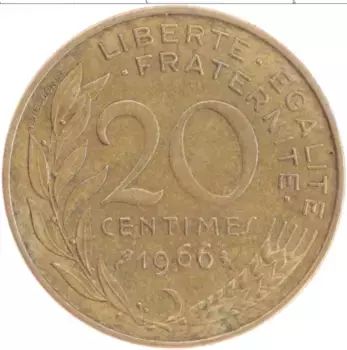 Монета 20 сантим Франции 1966 года Бронза
