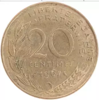Монета 20 сантим Франции 1967 года Бронза
