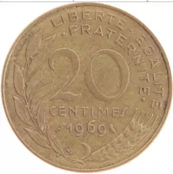 Монета 20 сантим Франции 1969 года Латунь