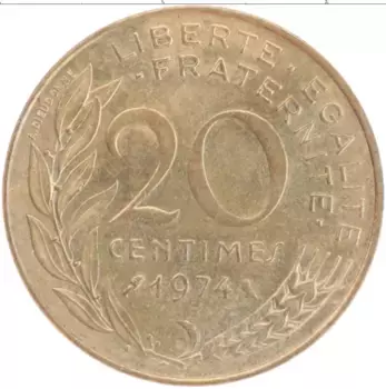 Монета 20 сантим Франции 1974 года Бронза