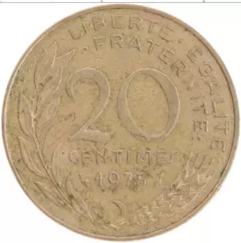 Монета 20 сантим Франции 1975 года Бронза
