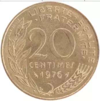 Монета 20 сантим Франции 1976 года Бронза