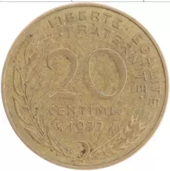 Монета 20 сантим Франции 1977 года Бронза
