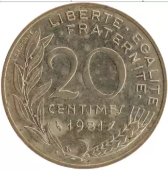 Монета 20 сантим Франции 1981 года Бронза