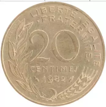 Монета 20 сантим Франции 1982 года Бронза