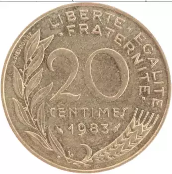Монета 20 сантим Франции 1983 года Бронза