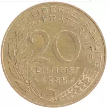 Монета 20 сантим Франции 1985 года Бронза