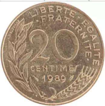 Монета 20 сантим Франции 1989 года Бронза