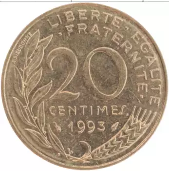Монета 20 сантим Франции 1993 года Бронза