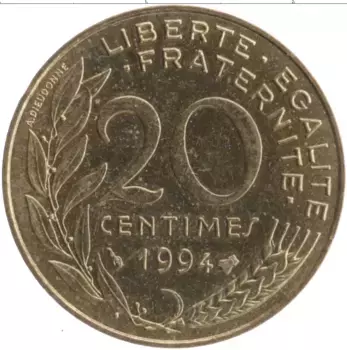 Монета 20 сантим Франции 1994 года Латунь