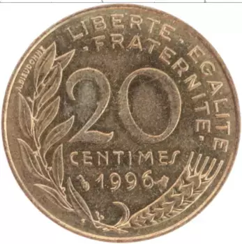 Монета 20 сантим Франции 1996 года Бронза