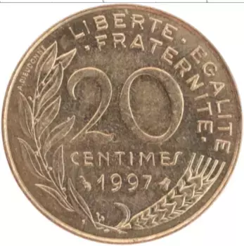 Монета 20 сантим Франции 1997 года Бронза