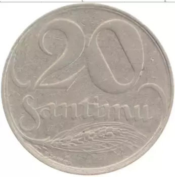 Монета 20 сантим Латвии 1922 года Медно-никель