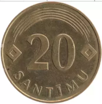Монета 20 сантим Латвии 1992 года Латунь