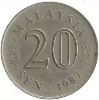 Монета 20 сен Малайзии 1987 года Медно-никель