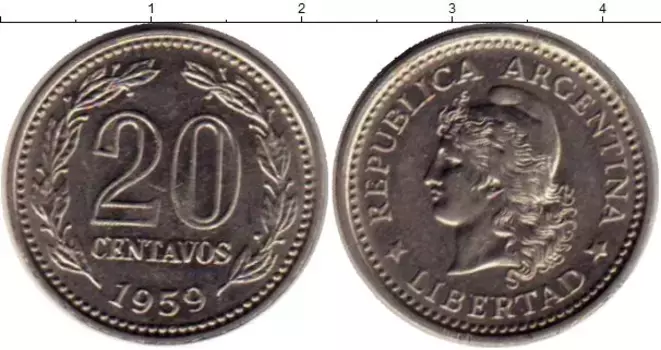 Монета 20 сентаво Аргентины 1959 года Медно-никель