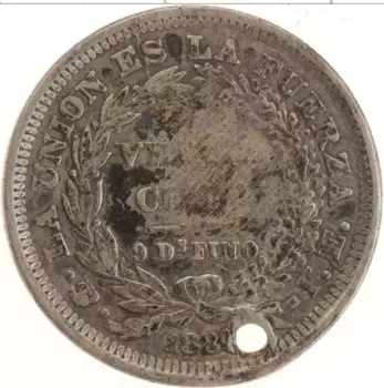 Монета 20 сентаво Боливии 1880 года Серебро Отверстие