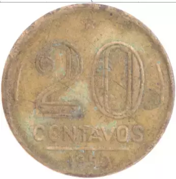 Монета 20 сентаво Бразилии 1950 года Бронза Пауль Барбоса