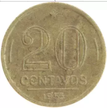 Монета 20 сентаво Бразилии 1953 года Бронза Пауль Барбоса