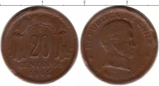 Монета 20 сентаво Чили 1945 года Бронза Бернардо О’Хиггинс