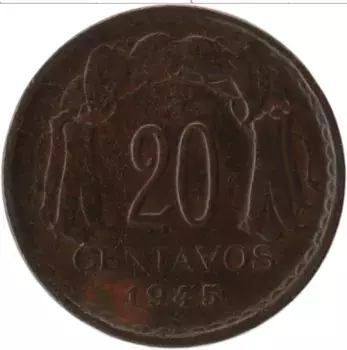 Монета 20 сентаво Чили 1945 года Бронза Бернардо Хиггинс