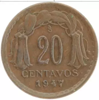 Монета 20 сентаво Чили 1947 года Бронза