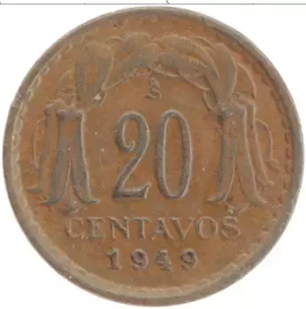 Монета 20 сентаво Чили 1949 года Бронза