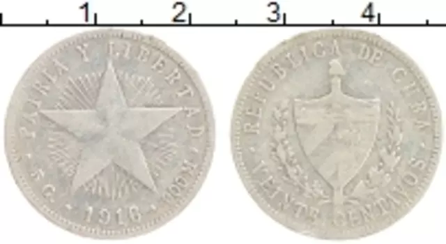 Монета 20 сентаво Кубы 1916 года Серебро