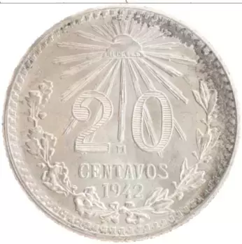 Монета 20 сентаво Мексики 1942 года Серебро