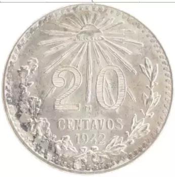 Монета 20 сентаво Мексики 1942 года Серебро
