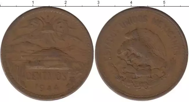Монета 20 сентаво Мексики 1944 года Бронза Пирамида Солнца