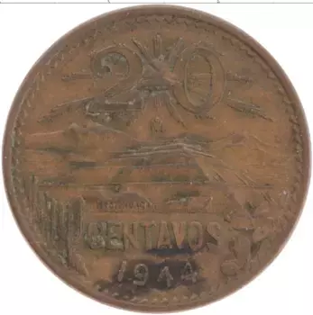 Монета 20 сентаво Мексики 1944 года Бронза