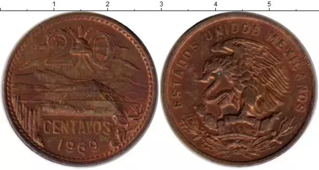 Монета 20 сентаво Мексики 1969 года Бронза