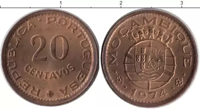 Монета 20 сентаво Мозамбика 1974 года Бронза