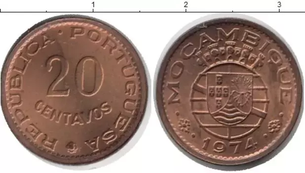 Монета 20 сентаво Мозамбика 1974 года Медь Протекторат Португалии