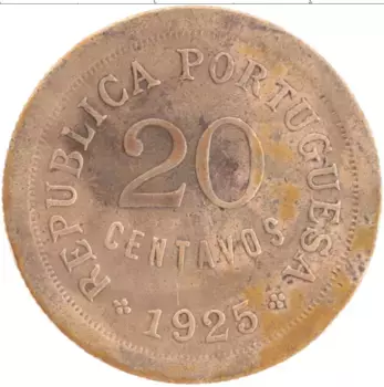 Монета 20 сентаво Португалии 1925 года Бронза