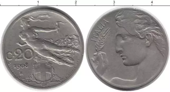 Монета 20 сентесим Италии 1908 года Медно-никель