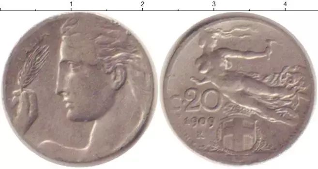 Монета 20 сентесим Италии 1909 года Медно-никель