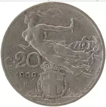 Монета 20 сентесим Италии 1909 года Медно-никель