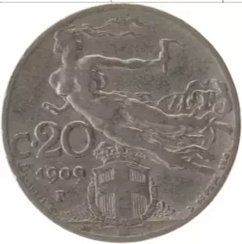 Монета 20 сентесим Италии 1909 года Медно-никель