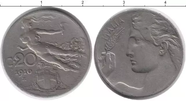 Монета 20 сентесим Италии 1910 года Медно-никель