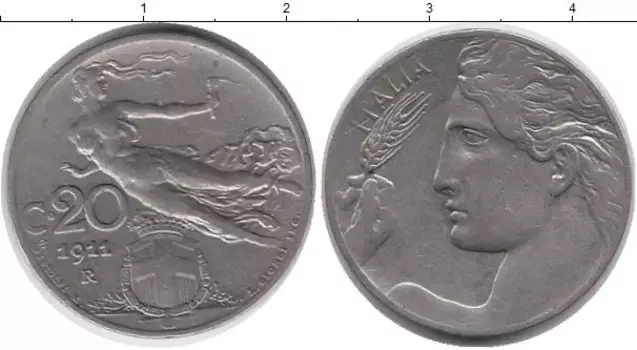 Монета 20 сентесим Италии 1911 года Медно-никель