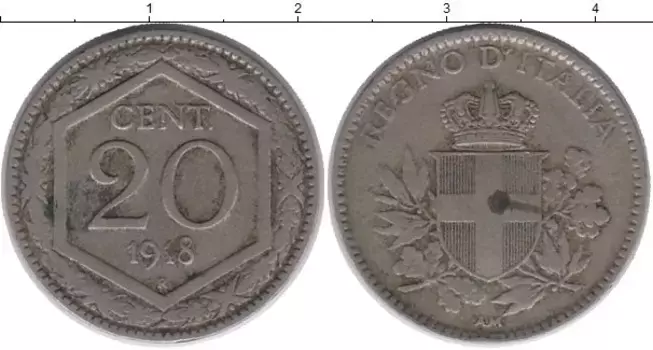 Монета 20 сентесим Италии 1918 года Медно-никель
