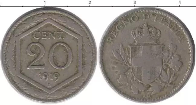 Монета 20 сентесим Италии 1919 года Медно-никель