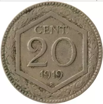 Монета 20 сентесим Италии 1919 года Медно-никель