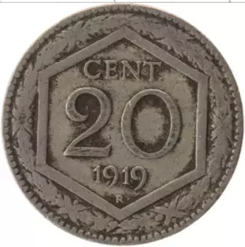 Монета 20 сентесим Италии 1919 года Медно-никель