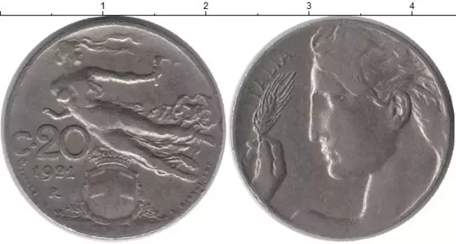Монета 20 сентесим Италии 1921 года Медно-никель