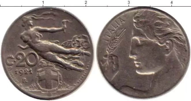 Монета 20 сентесим Италии 1921 года Медно-никель